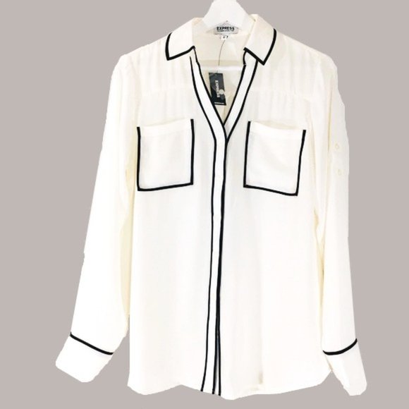 Express Original Fit Ivory Contrast Piping Portofino Blouse Roll Tab Sleeves Med - Picture 2 of 9